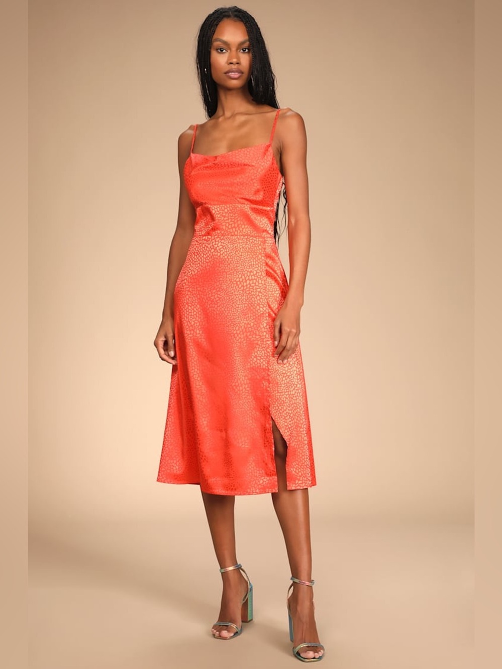 Lulus | Fiercely Chic Coral Orange Satin Jacquard Print Cowl Midi Dress XS
